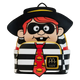 Backpack with cartoon character design featuring a black hat, red tie, and striped shirt on a white background.