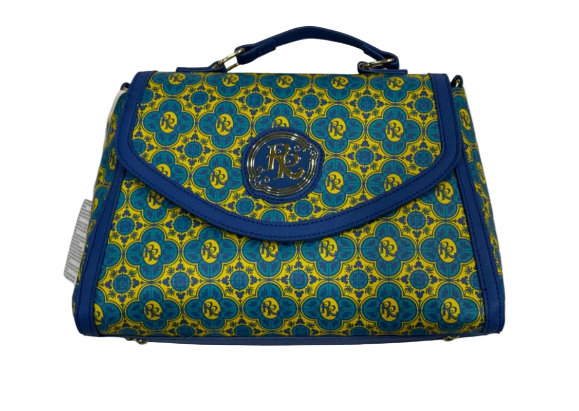 Blue and yellow patterned handbag with a brand logo on a white background