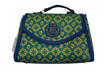 Blue and yellow patterned handbag with a brand logo on a white background