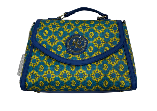 Blue and yellow patterned handbag with a brand logo on a white background