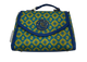 Blue and yellow patterned handbag with a brand logo on a white background