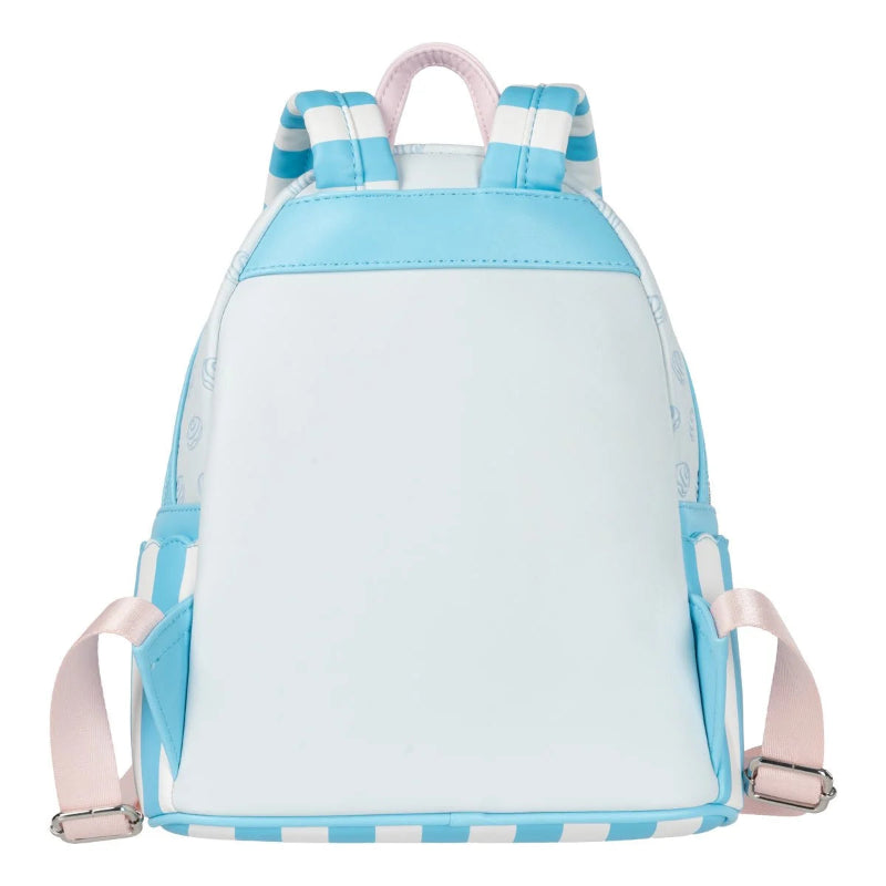 Light blue and white striped backpack with pink straps on a white background