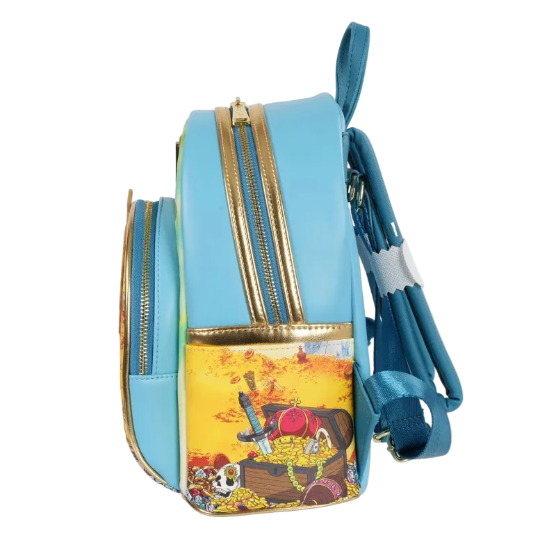 Light blue crossbody bag with colorful design on a white background