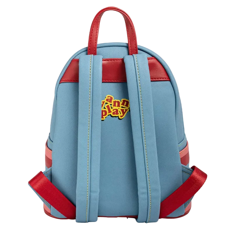 Blue and red backpack with a visible brand logo on a white background
