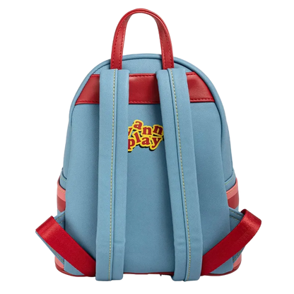 Blue and red backpack with a visible brand logo on a white background
