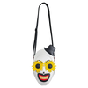 Masked character pouch with yellow flowers and red mouth on a white background