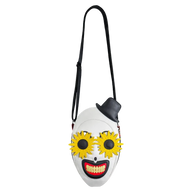 Masked character pouch with yellow flowers and red mouth on a white background