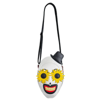 Masked character pouch with yellow flowers and red mouth on a white background