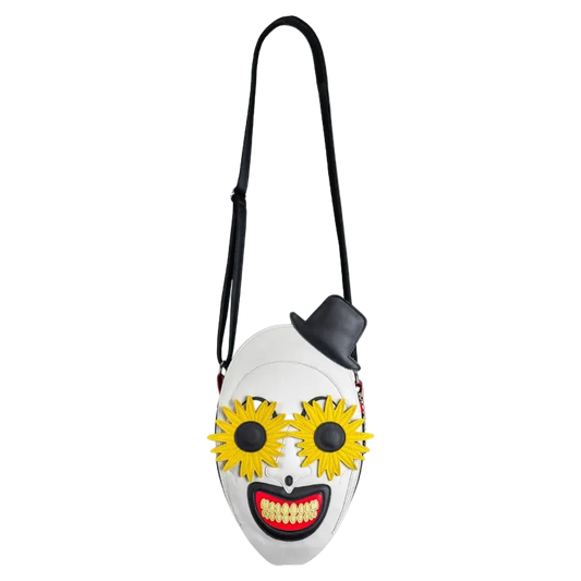 Masked character pouch with yellow flowers and red mouth on a white background
