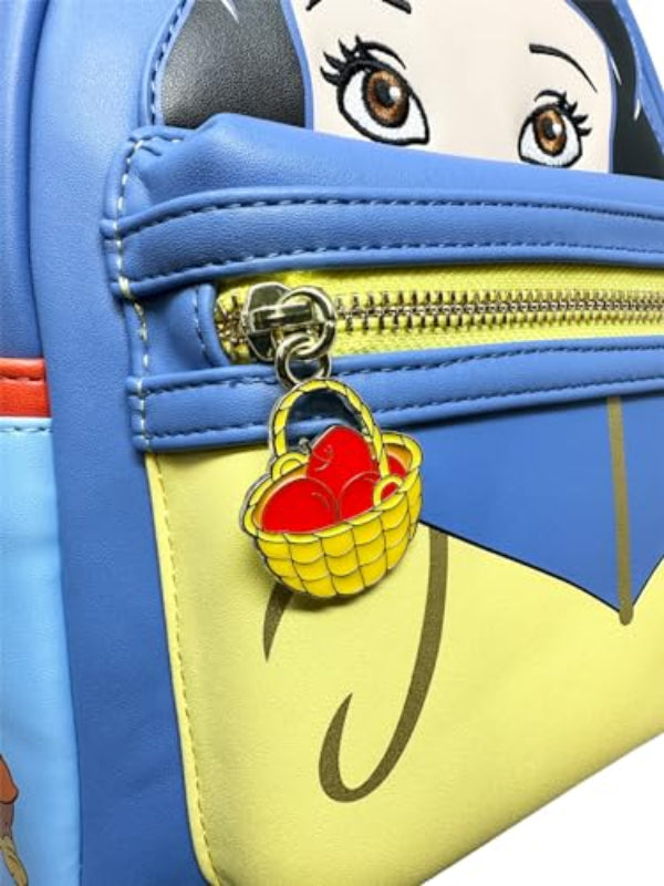 Close-up of a character-themed backpack with a basket charm on a white background