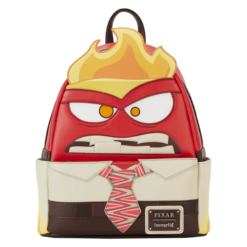 Backpack designed like a character with a red face, yellow hair, and a tie, featuring the Pixar logo.
