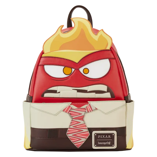 Backpack designed like a character with a red face, yellow hair, and a tie, featuring the Pixar logo.