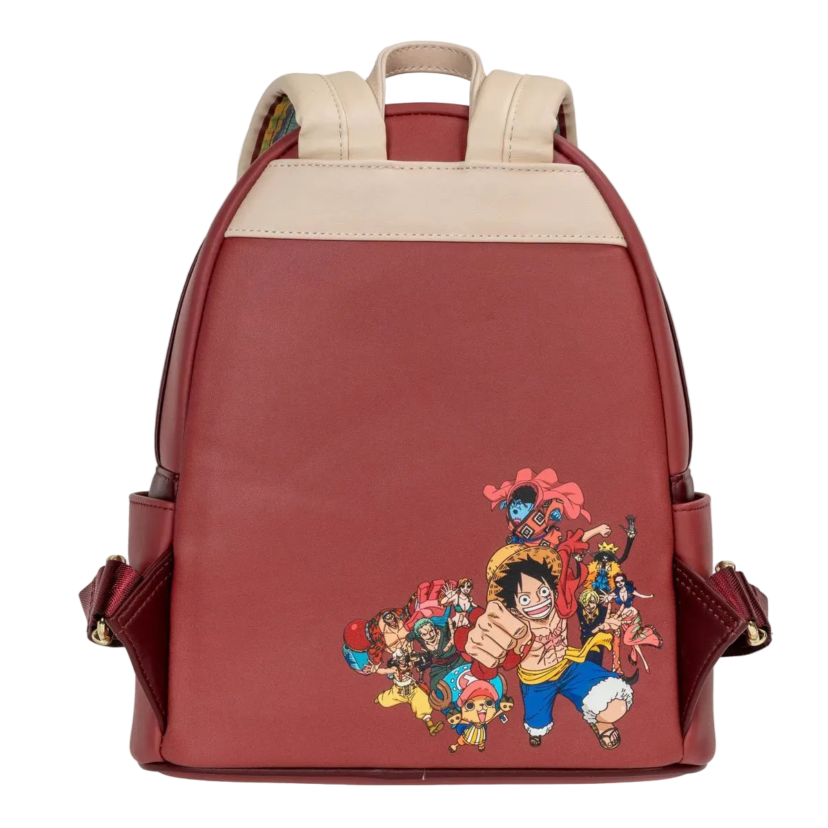 Red backpack with anime character design on a white background