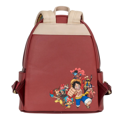 Red backpack with anime character design on a white background