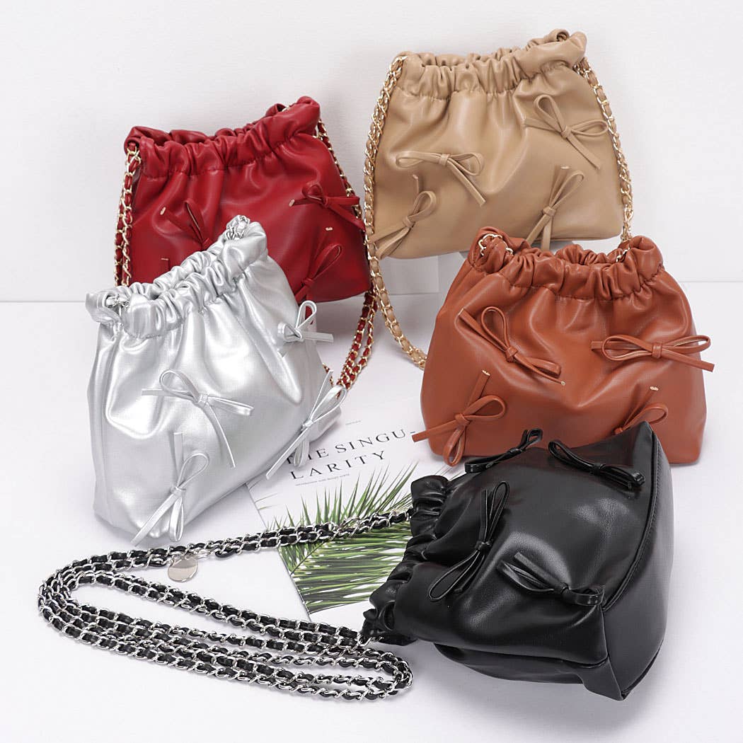 Faux Leather Multi Ribbon Bucket Chain Crossbody Bag: BUR