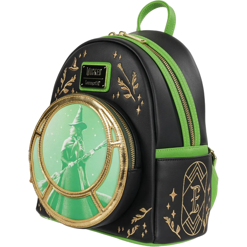 Black backpack with green accents and a circular design featuring a person in a hat and coat.