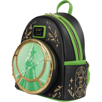 Black backpack with green accents and a circular design featuring a person in a hat and coat.