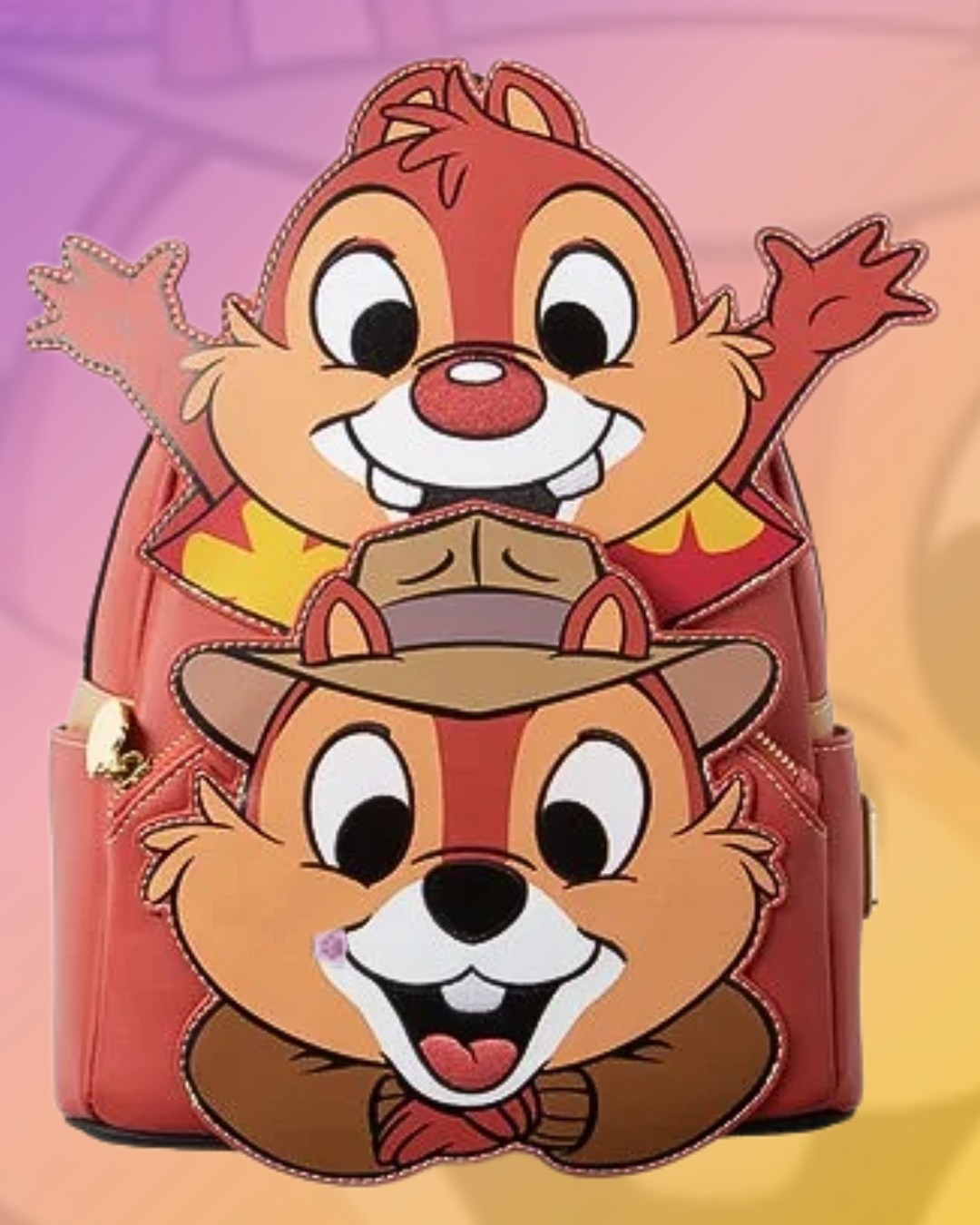 Backpack with cartoon chipmunks on a gradient background