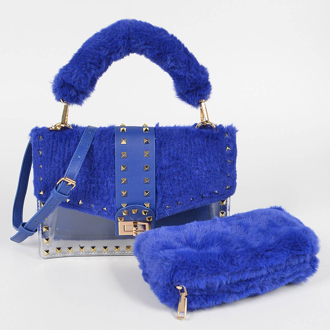 HPC3207 FAUX FUR CLEAR CLUTCH W/ DETACHABLE PURSE: Mustard