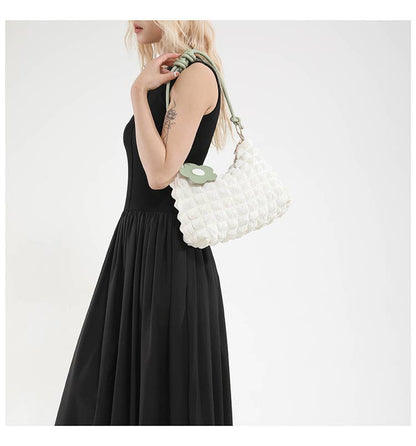 Popcorn Texture Flower Charm Mini Hobo Bag: Black / M