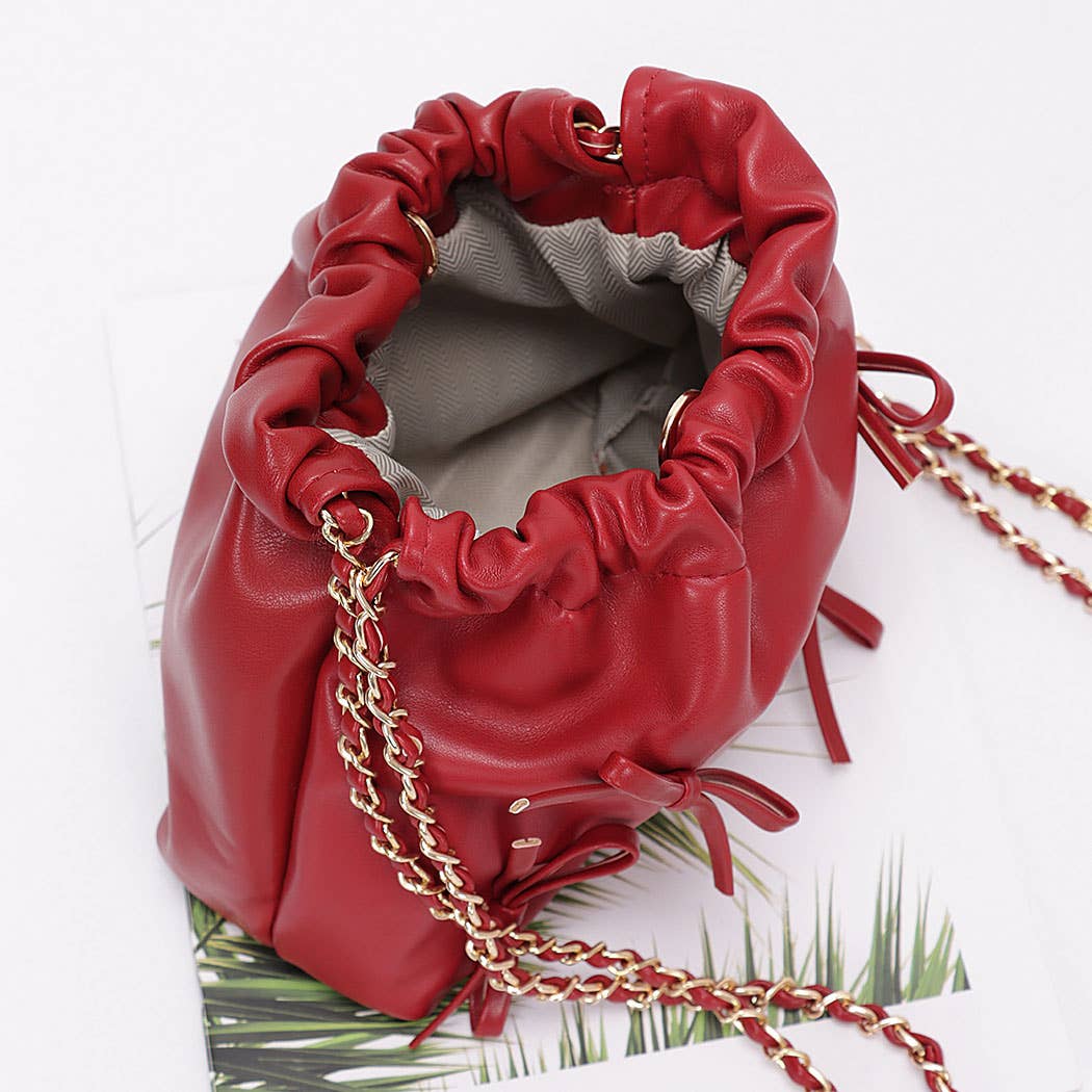 Faux Leather Multi Ribbon Bucket Chain Crossbody Bag: BUR