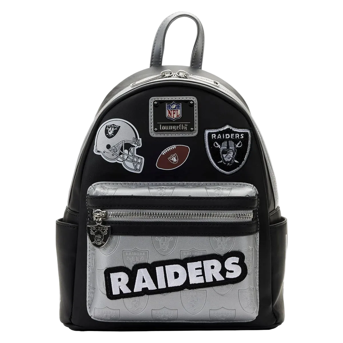 Backpack with Oakland Raiders logos and branding on a white background