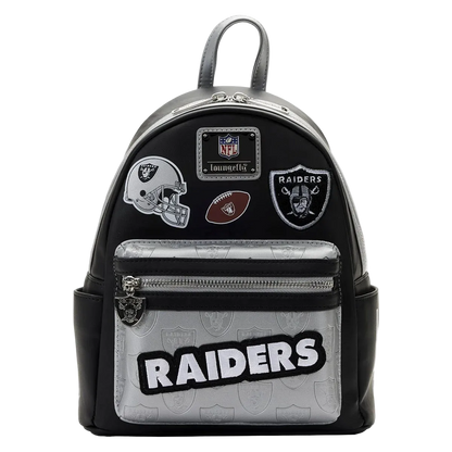 Backpack with Oakland Raiders logos and branding on a white background