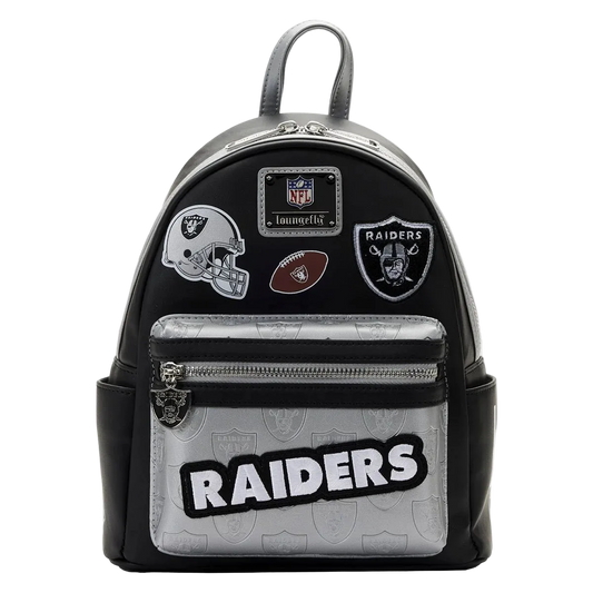 Backpack with Oakland Raiders logos and branding on a white background