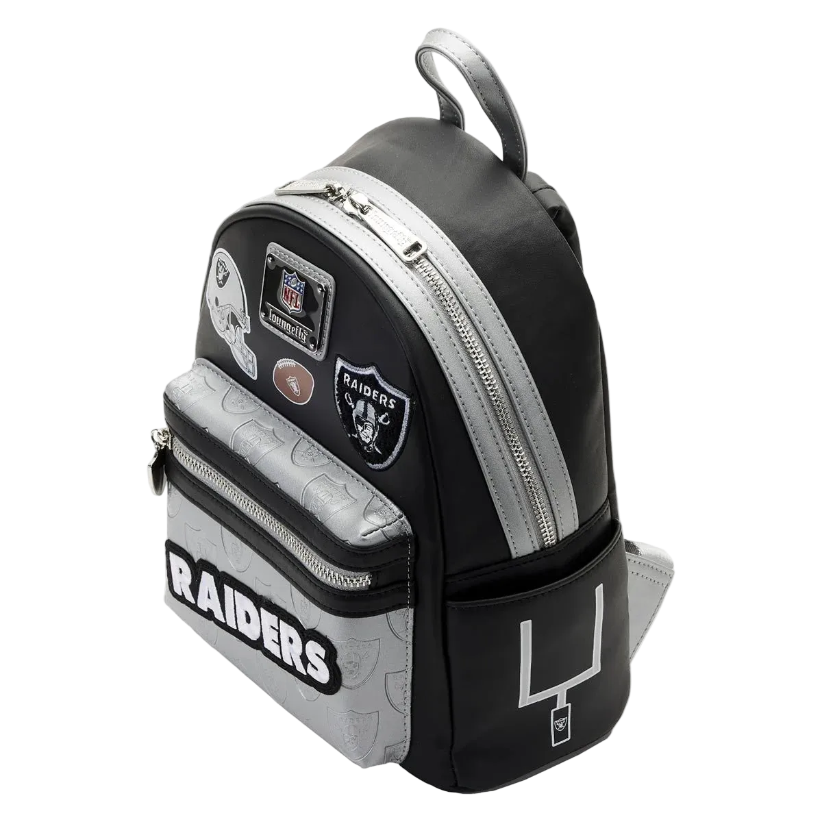 Black and gray backpack with 'Raiders' branding on a white background