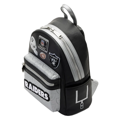 Black and gray backpack with 'Raiders' branding on a white background