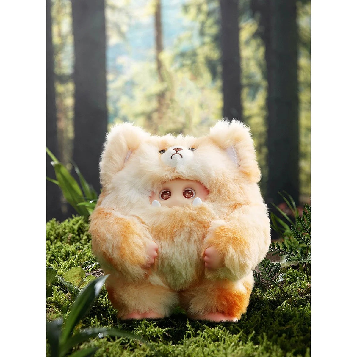 Plush toy resembling a bear with a face in a forest setting