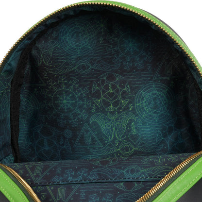 Close-up of a green backpack with a patterned interior on a white background