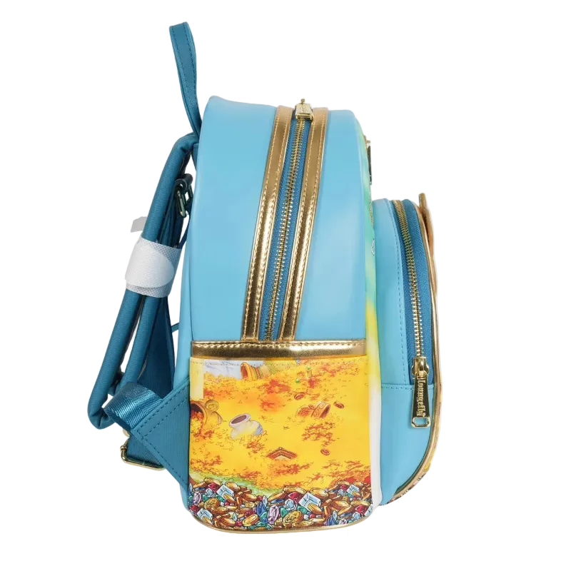 Light blue backpack with a colorful floral pattern on a white background