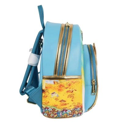 Light blue backpack with a colorful floral pattern on a white background