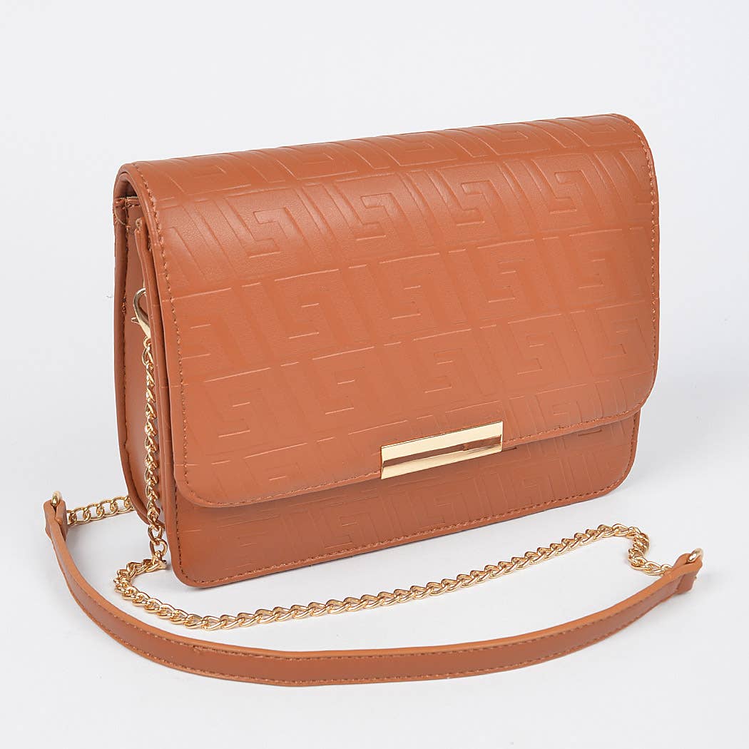 Embossed Faux Leather Flap Bag: Camel