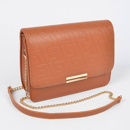 Embossed Faux Leather Flap Bag: Camel