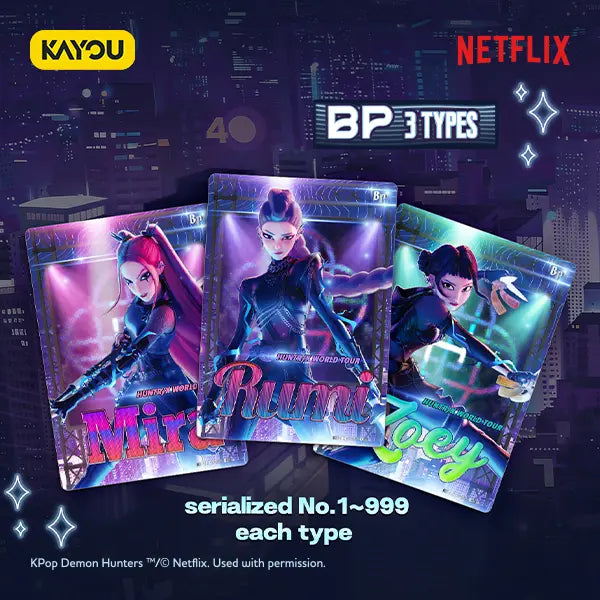 Three collectible cards featuring characters from 'KPop Demon Hunters' with Netflix branding on a cityscape background.