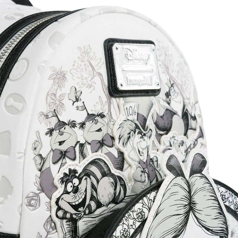 Backpack with black and white cartoon character design on a white background