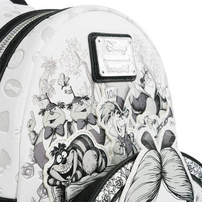 Backpack with black and white cartoon character design on a white background