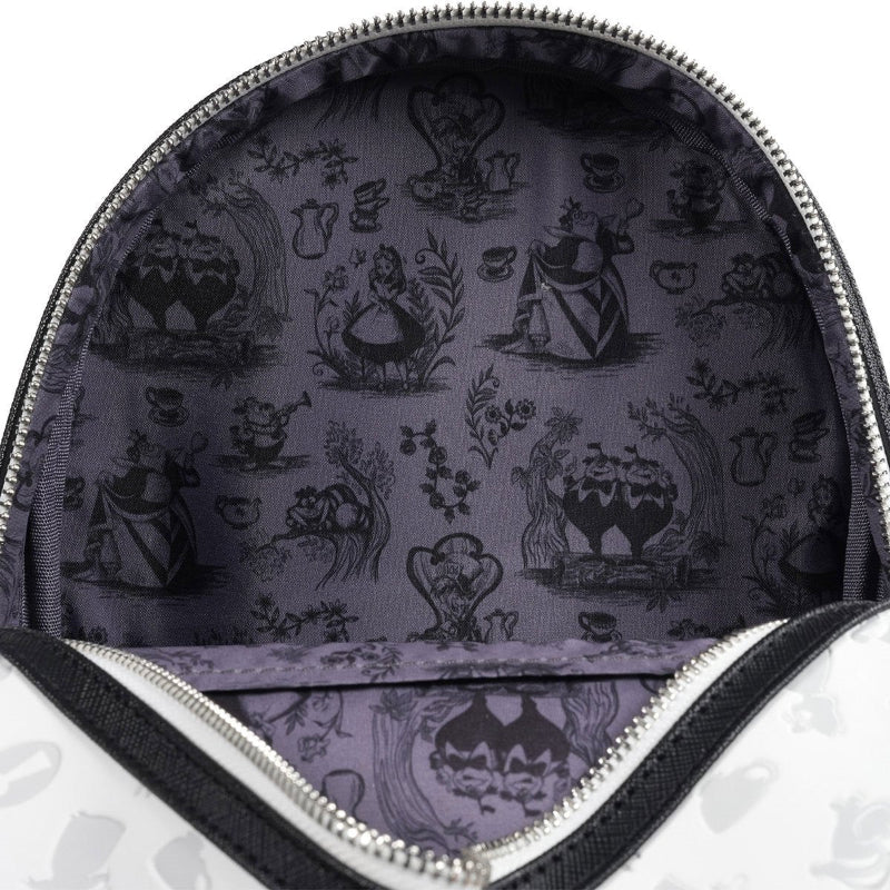 Backpack interior with black and white pattern on a white background