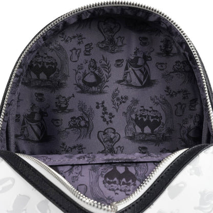 Backpack interior with black and white pattern on a white background