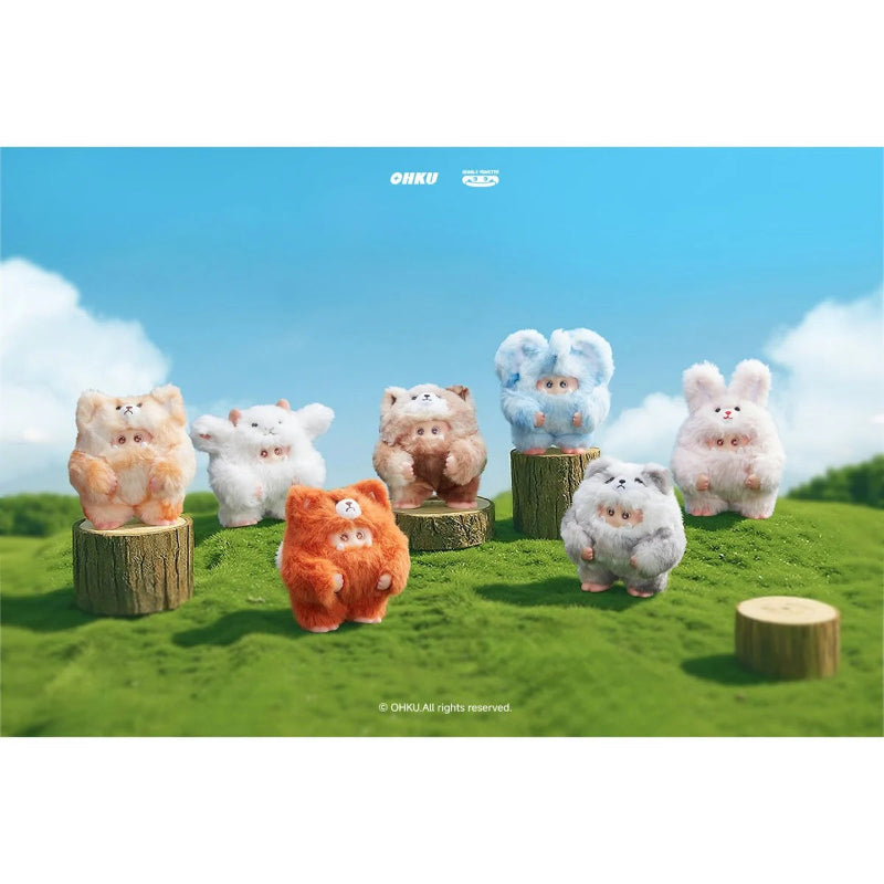 Plush toys resembling animals on wooden logs against a blue sky with clouds