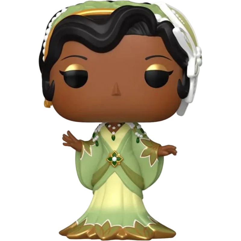 Funko Pop! vinyl figure of Tiana from The Princess Bride, featuring her signature green and gold dress, black hair, and white headpiece, isolated on a white background.