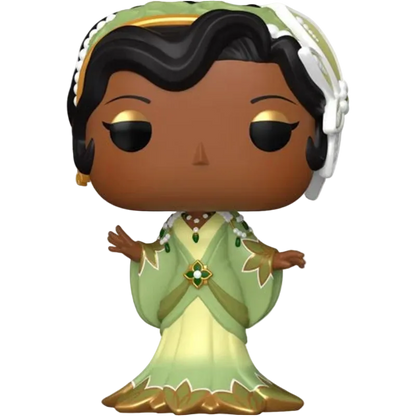 Funko Pop! vinyl figure of Tiana from The Princess Bride, featuring her signature green and gold dress, black hair, and white headpiece, isolated on a white background.