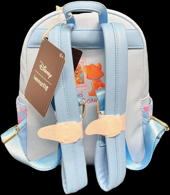 Backpack with Disney character design and a tag on a white background