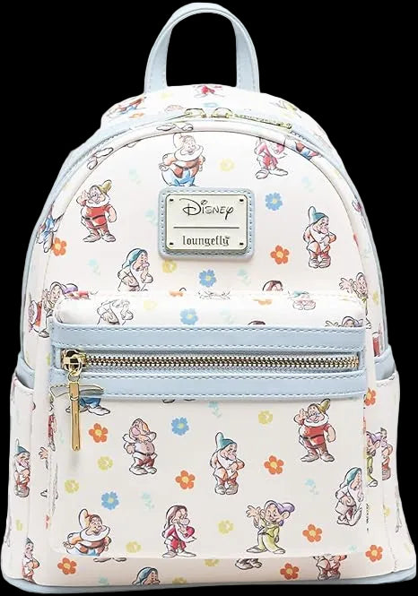A Disney Loungefly mini backpack featuring an all-over print of Snow White's dwarves on a cream background with light blue trim and a silver-tone zipper.