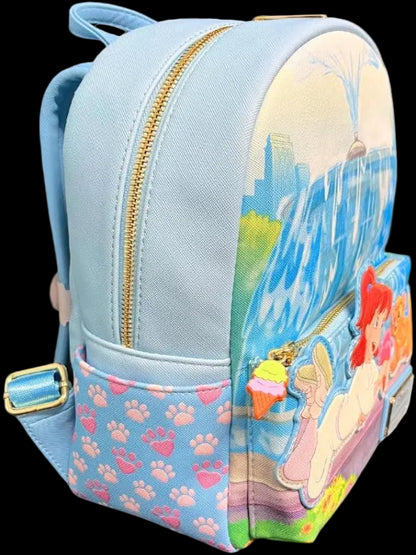Backpack with animated character design on a white background