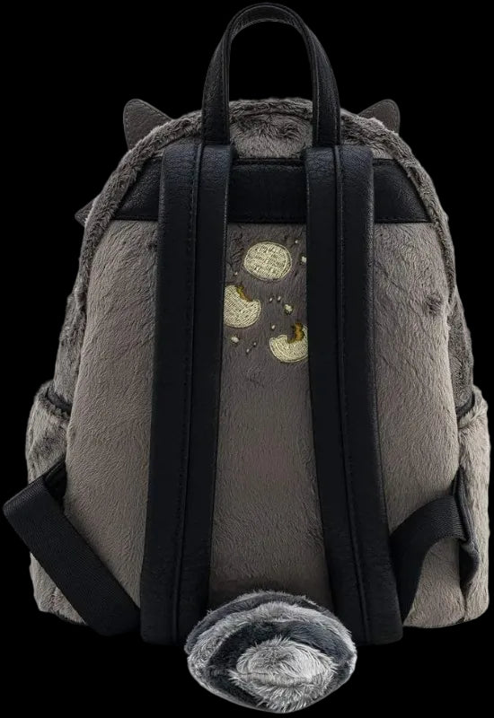 Gray plush backpack with black straps on a white background