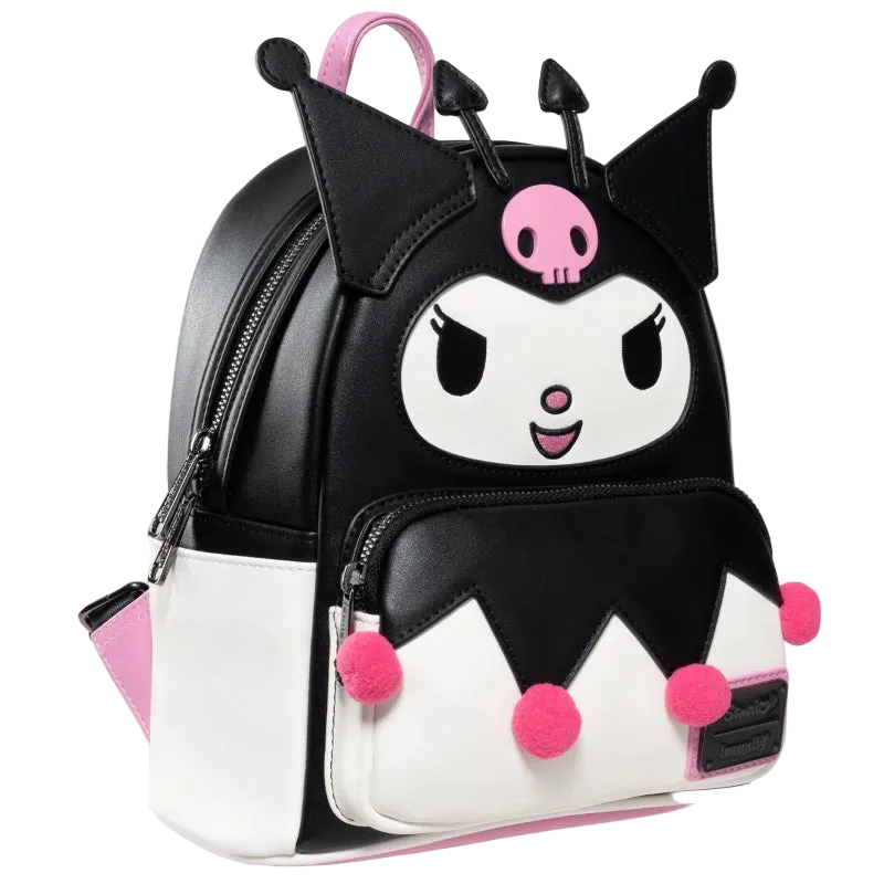 Backpack with cartoon character design featuring black, white, and pink colors on a white background