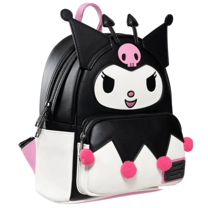 Backpack with cartoon character design featuring black, white, and pink colors on a white background